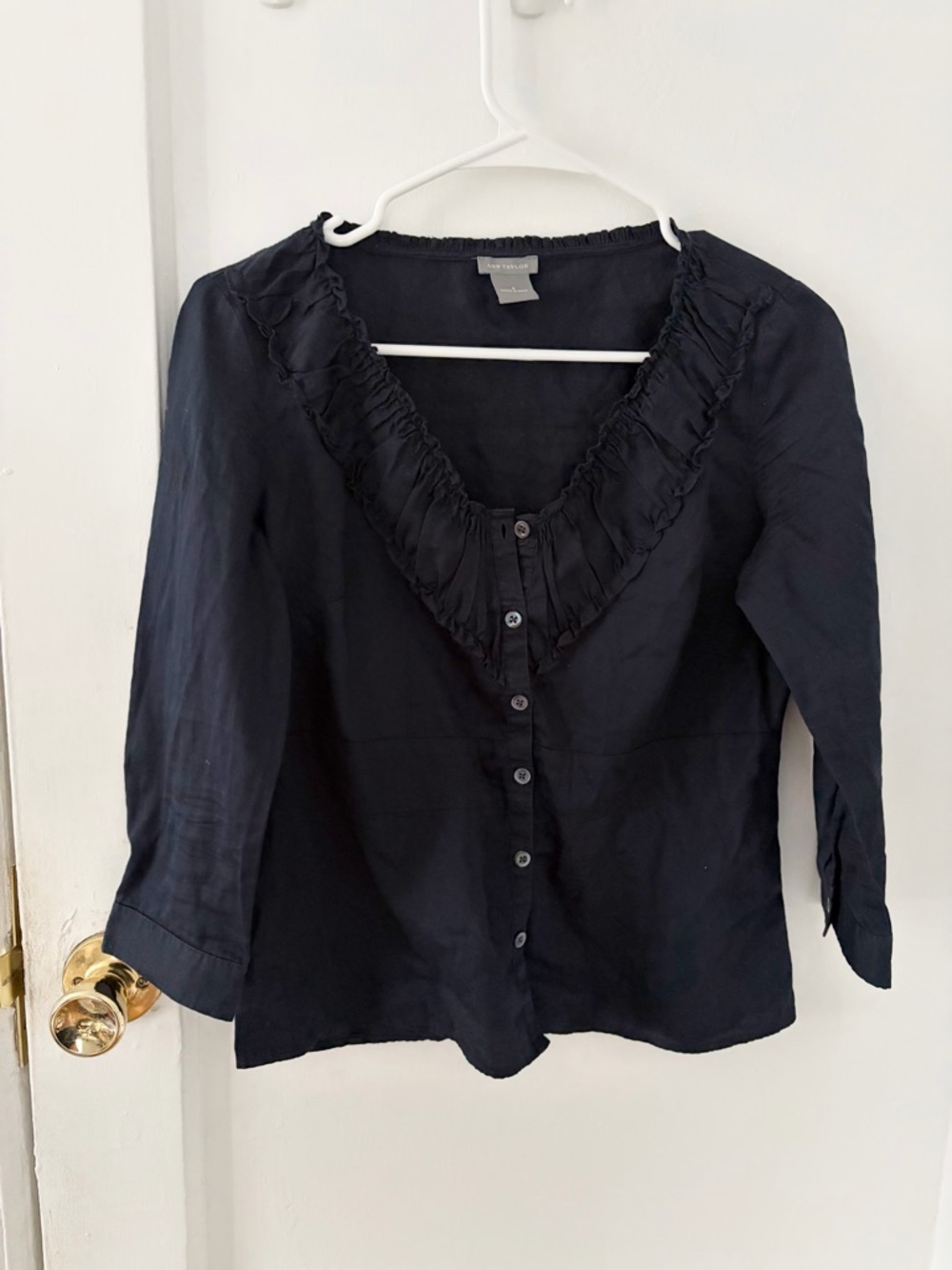 Ann Taylor Navy Ruffle V-Neck Button-Front Blouse